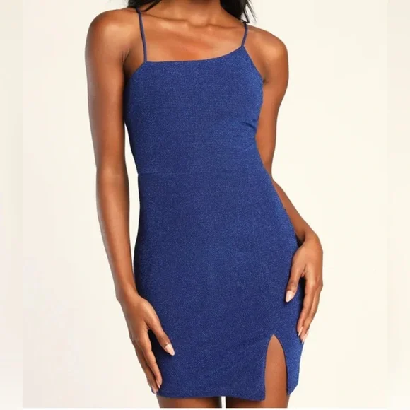 NWT - Lulus Take Me Anywhere Cobalt Sparkly Asymmetrical Bodycon Mini Dress XS - Picture 2 of 6